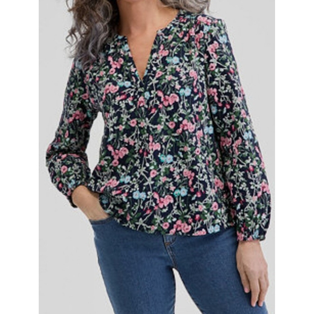 Style & Co. Navy Floral V-Neck Women's Printed Cotton Gauze Popover Top Size XL
